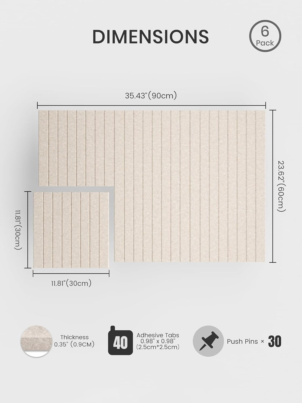 Large Felt Bulletin Board, 36" x 24" Cork Board Alternative, 6-Pack Fine Stripe Felt Wall Tiles with 30 Push Pins and 40 Adhesive Tabs, Ideal for Office, Home & Classroom, Oatmeal