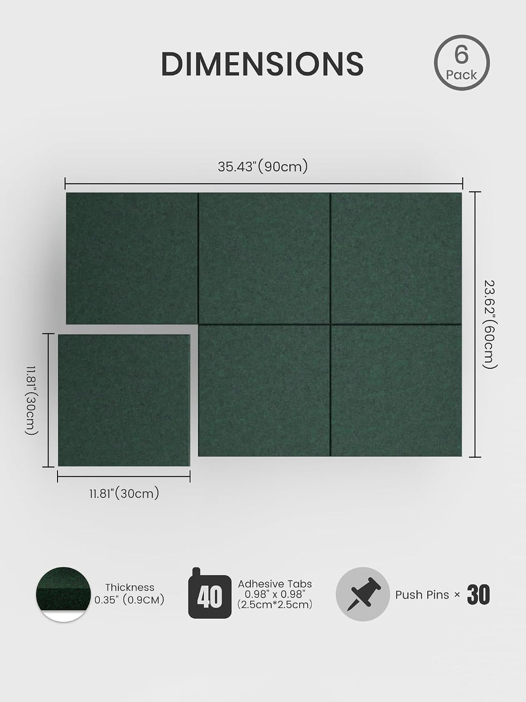 Large Felt Bulletin Board 48" x 36" Cork Board Alternative - 6 Pack with 40 Safe Removable Adhesive Tabs, Cork Boards for Walls Cork Board for Home Office Classroom Pin Board (Aurora Green)