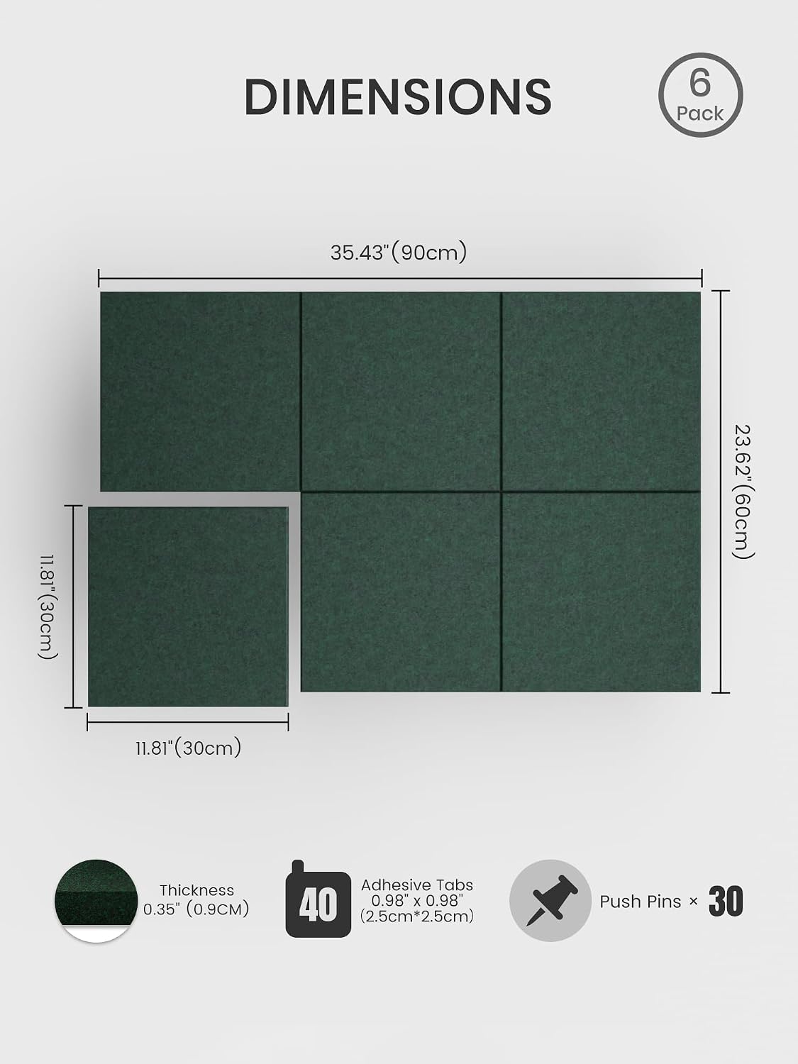 Large Felt Bulletin Board 48" x 36" Cork Board Alternative - 6 Pack with 40 Safe Removable Adhesive Tabs, Cork Boards for Walls Cork Board for Home Office Classroom Pin Board (Aurora Green)