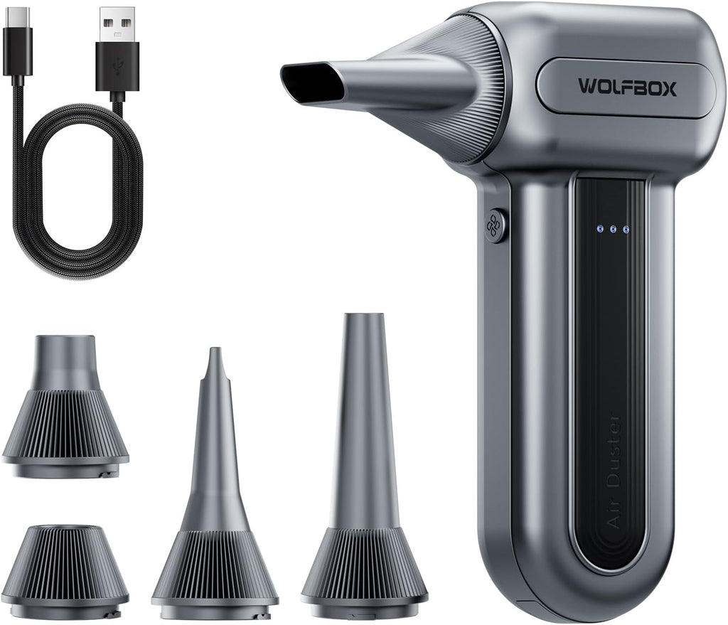 MF70 Compressed Air Duster-110000 RPM Electric Air Duster with Extended Runtime, 3-Speed Rechargeable Air Blower for Keyboard, Computer, Camera, Car, Home, 5 Nozzles
