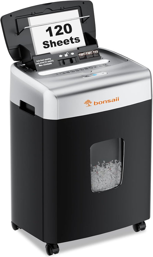 120-Sheet Auto Feed Micro Cut Paper Shredder with Casters | 30-Min Run Time, P-4 Security, 6-Gal Bin, Heavy Duty Shredders for Home Office, C233-B