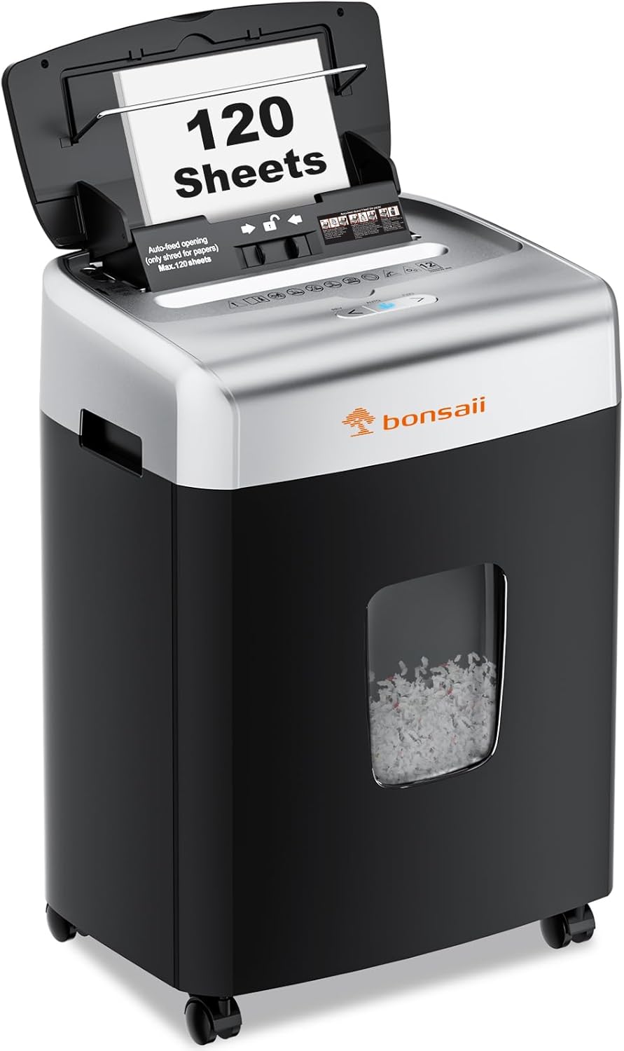 120-Sheet Auto Feed Paper Shredder for Office, Heavy Duty Micro Cut | P-4, 12-Sheet Manual, 30-Min Run, 6-Gal Pullout Bin, Jam-Proof, Overheat Protection, Déchiqueteuse à Papier, C233-B New Model