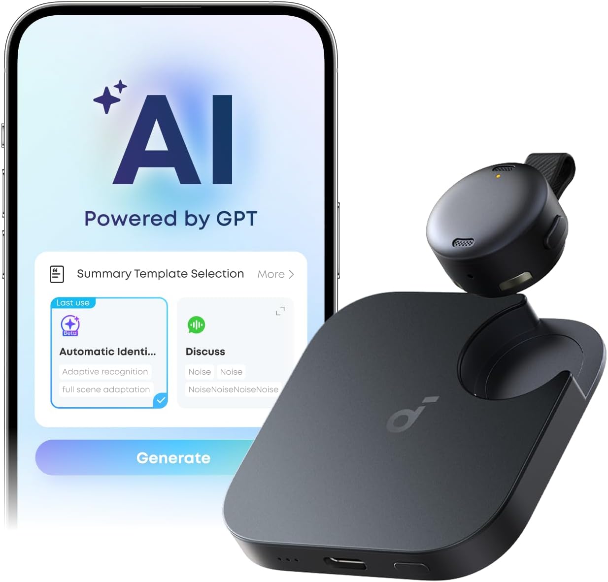Work by Anker, Portable AI Voice Recorder, AI Note Taker, AI Transcription & Summarization, Cross-Meeting Summary, Double-Tap to Mark, MFi Certified, Privacy Protection