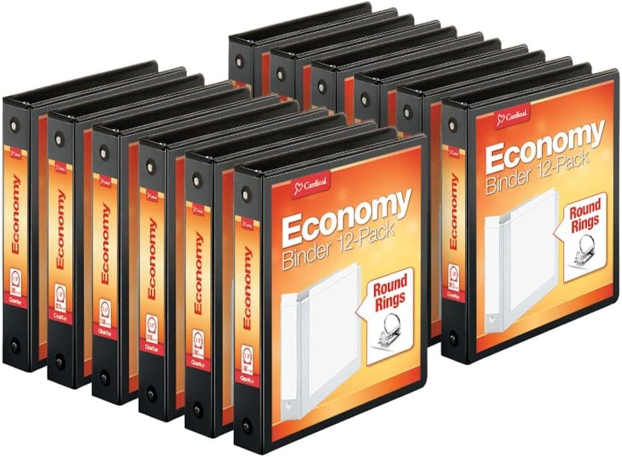Economy 3-Ring Binders, 1.5", Round Rings, Holds 350 Sheets, ClearVue Presentation View, Non-Stick, Black, Carton of 12 (90630)