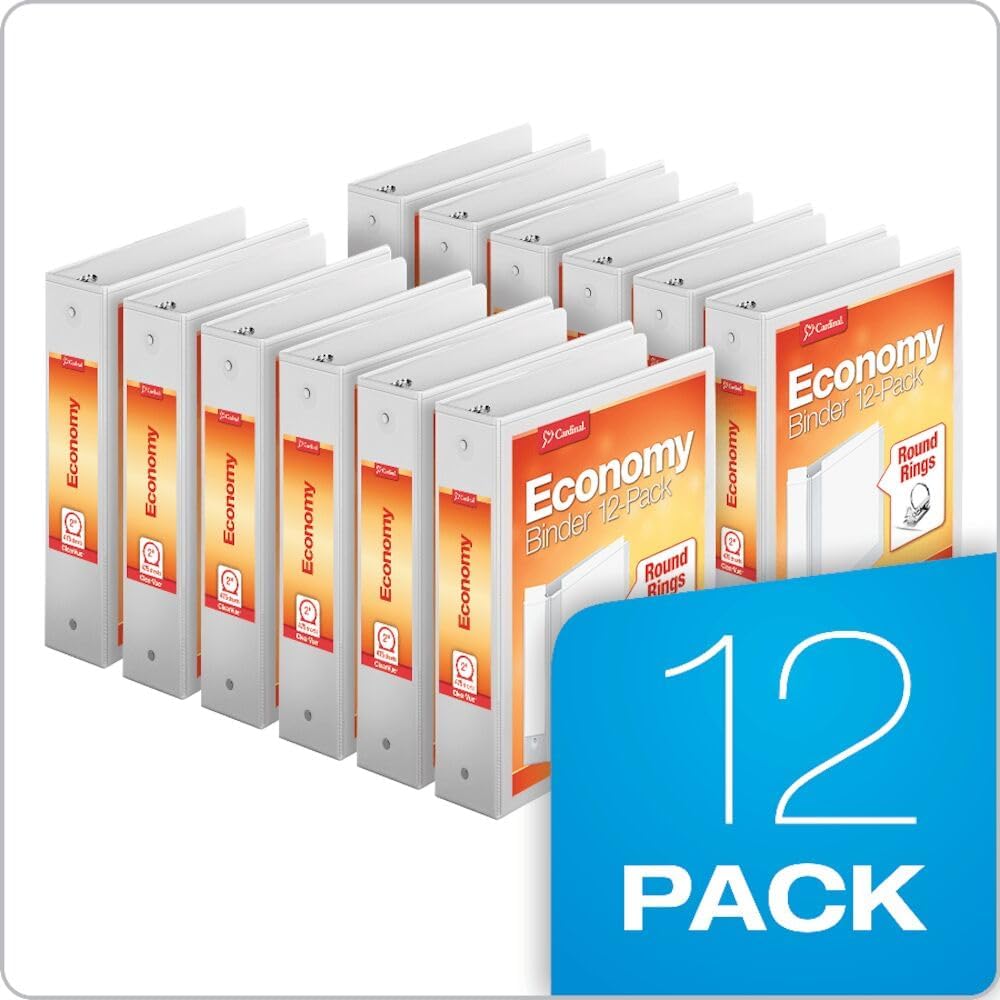 Economy 3-Ring Binders, 2", Round Rings, Holds 475 Sheets, ClearVue Presentation View, Non-Stick, White, Carton of 12 (90641)