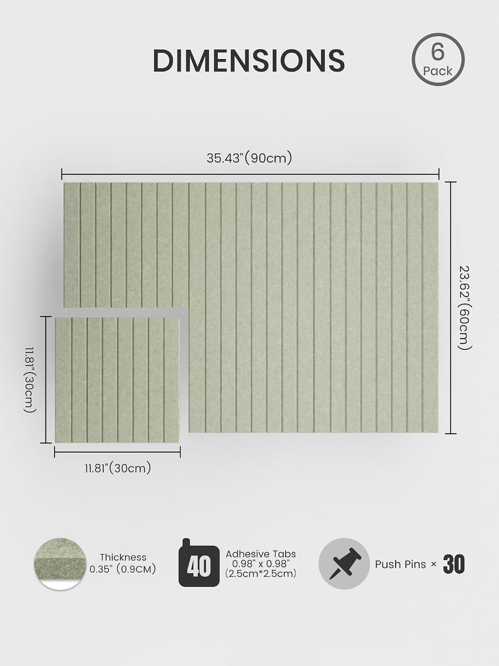 Large Cork Board Alternative - Slat Wall Paneling, Felt Bulletin Board Tiles for Office Decor, Push pin Board Office Wall Organizer -8 Vertical Stripes-6-Pack-Sage