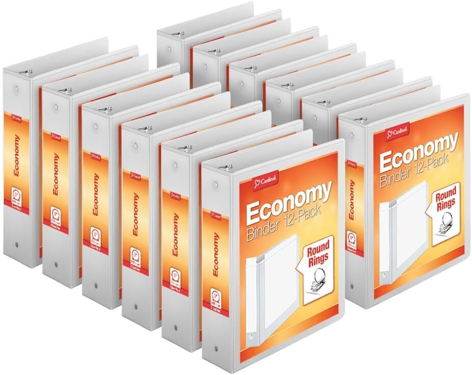 Economy 3-Ring Binders, 3", Round Rings, Holds 625 Sheets, ClearVue Presentation View, Non-Stick, White, Carton of 12 (90651)