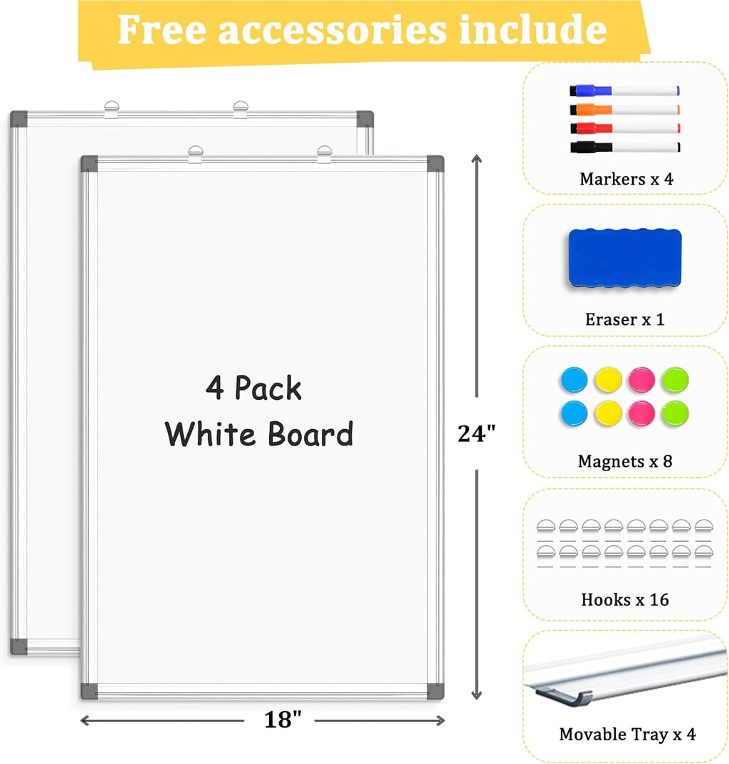 4 Pack Double-Sided Magnetic Aluminum Frame Whiteboard, 24" x 18" | White Board for Wall, Hanging Mounting White Board Dry Erase Board Marker Board for Kitchen, Memo, School, Home, Office