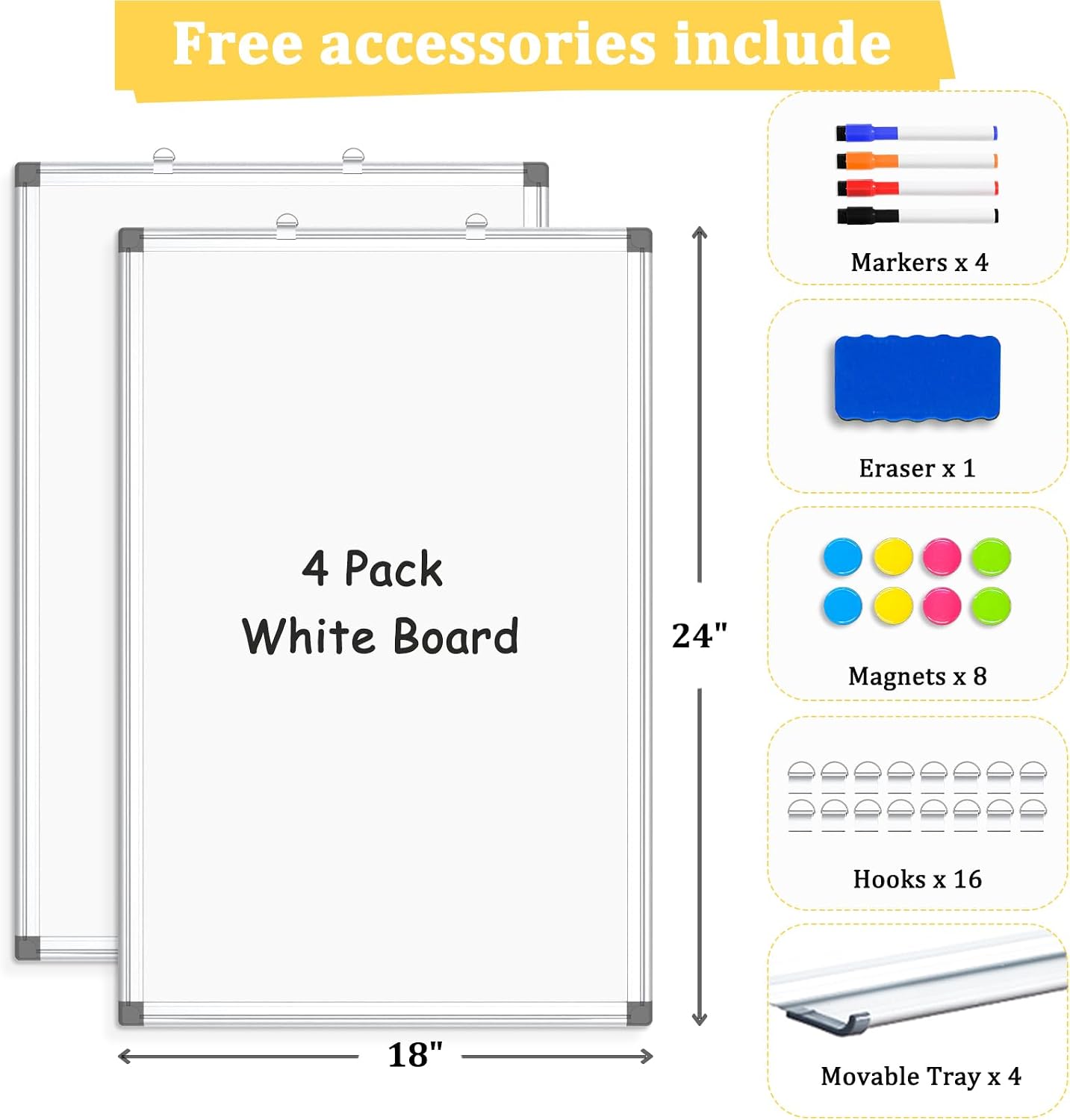4 Pack Double-Sided Magnetic Aluminum Frame Whiteboard, 24" x 18" | White Board for Wall, Hanging Mounting White Board Dry Erase Board Marker Board for Kitchen, Memo, School, Home, Office