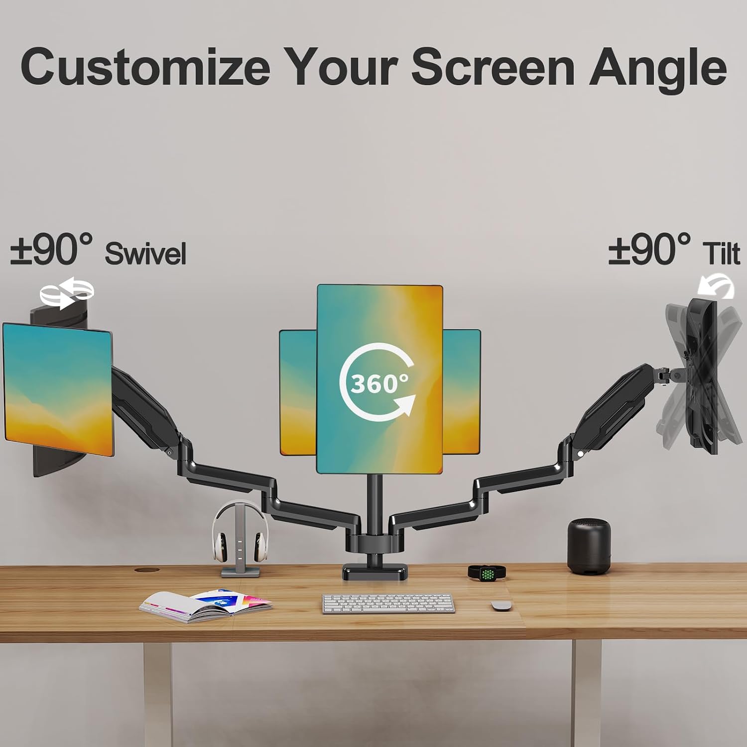 Triple Monitor Mount, 3 Monitor Desk Mount for Three Screens up to 32 Inch, Full Motion Gas Spring Heavy Duty Arm Hold up to 19.8lbs Each, VESA 75x75,100x100, Black