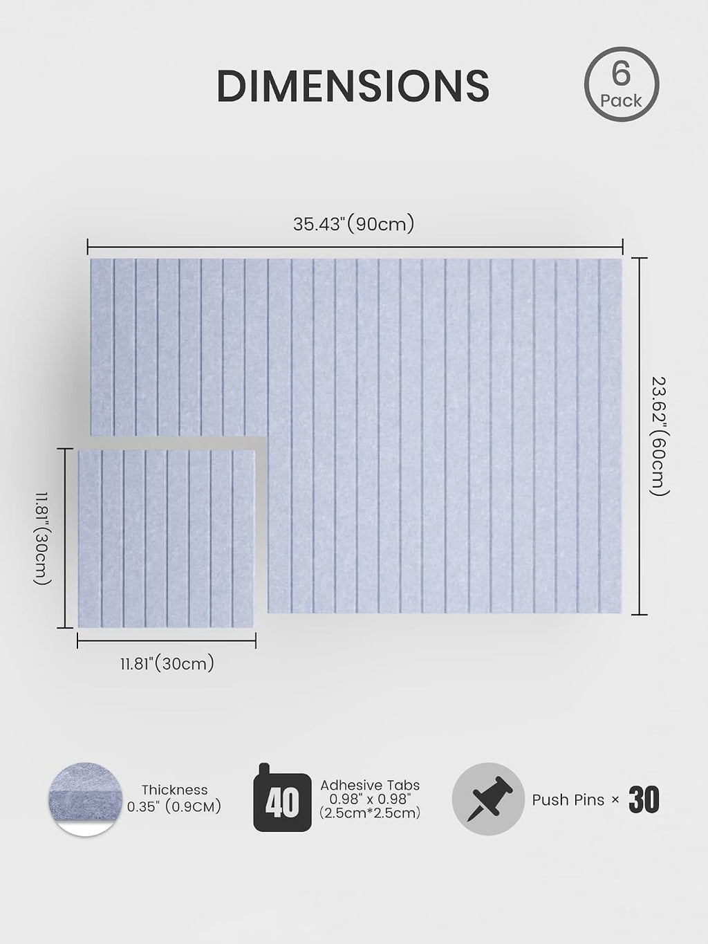 Large Cork Board Alternative-36 x24 Felt Bulletin Board Tiles, with 30 Pushpins, 40 Adhesive Tabs, 6-Pack Slat Wall Paneling, Cork Boards for Office Push Pin Board Felt Board-Soft Periwinkle