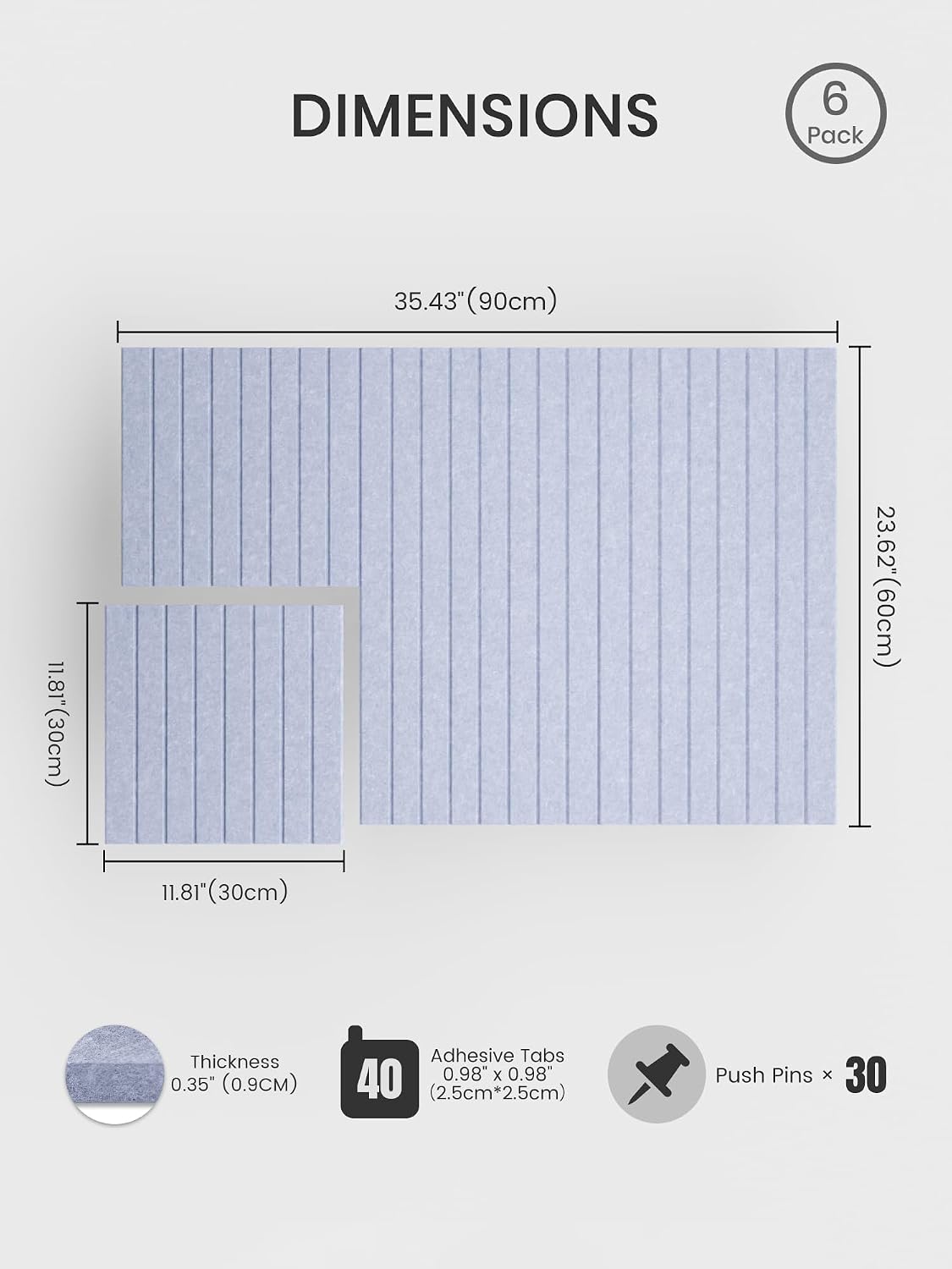 Large Cork Board Alternative-36 x24 Felt Bulletin Board Tiles, with 30 Pushpins, 40 Adhesive Tabs, 6-Pack Slat Wall Paneling, Cork Boards for Office Push Pin Board Felt Board-Soft Periwinkle