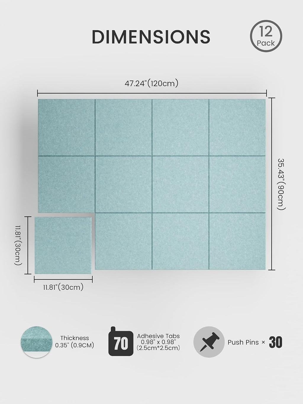 Large Felt Bulletin Board, 48" x 36" Cork Board Alternative, 12-Pack Solid Felt Wall Tiles with 30 Push Pins and 70 Adhesive Tabs, Ideal for Office, Home & Classroom, Teal Blue