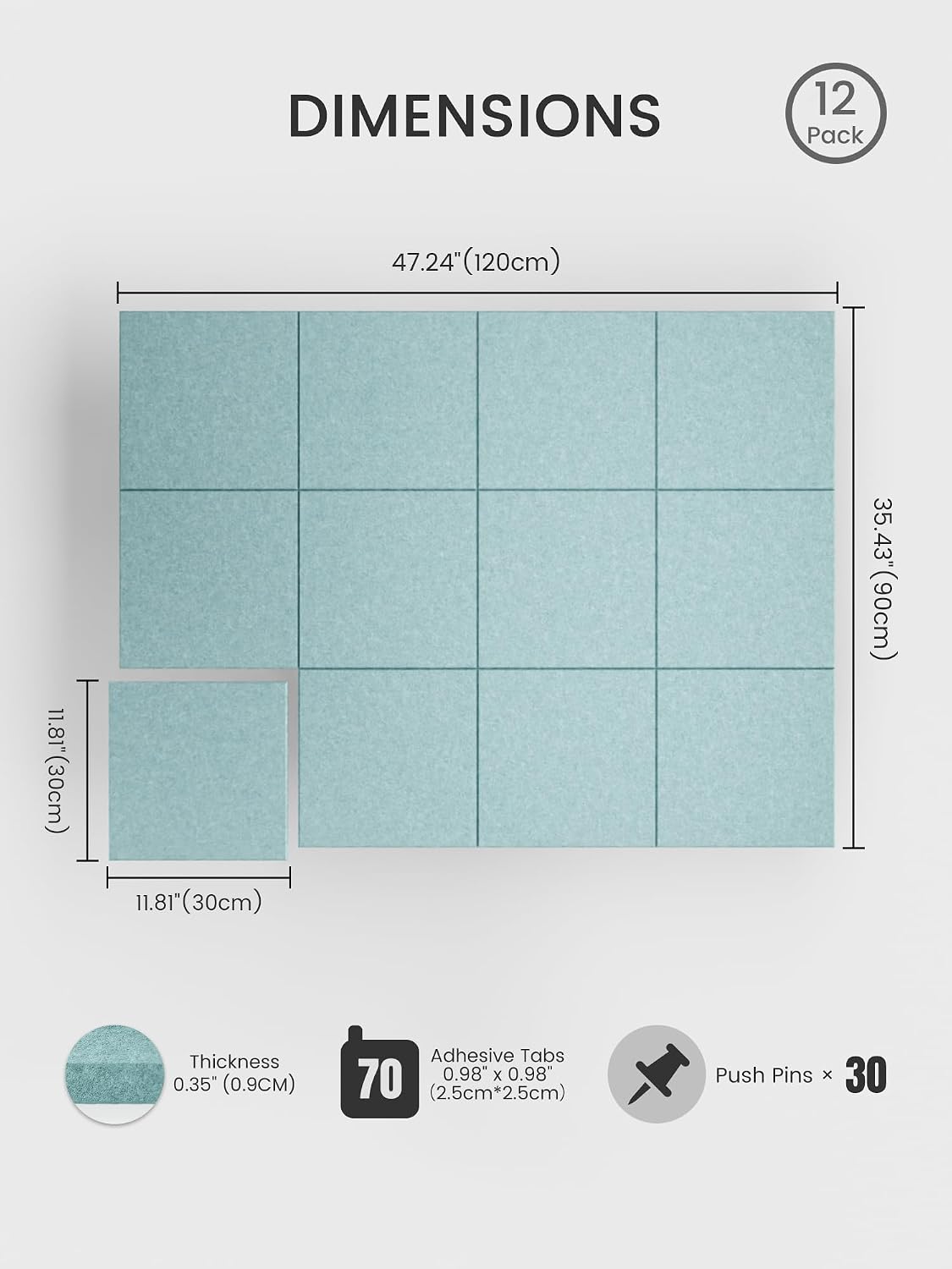Large Felt Bulletin Board, 48" x 36" Cork Board Alternative, 12-Pack Solid Felt Wall Tiles with 30 Push Pins and 70 Adhesive Tabs, Ideal for Office, Home & Classroom, Teal Blue