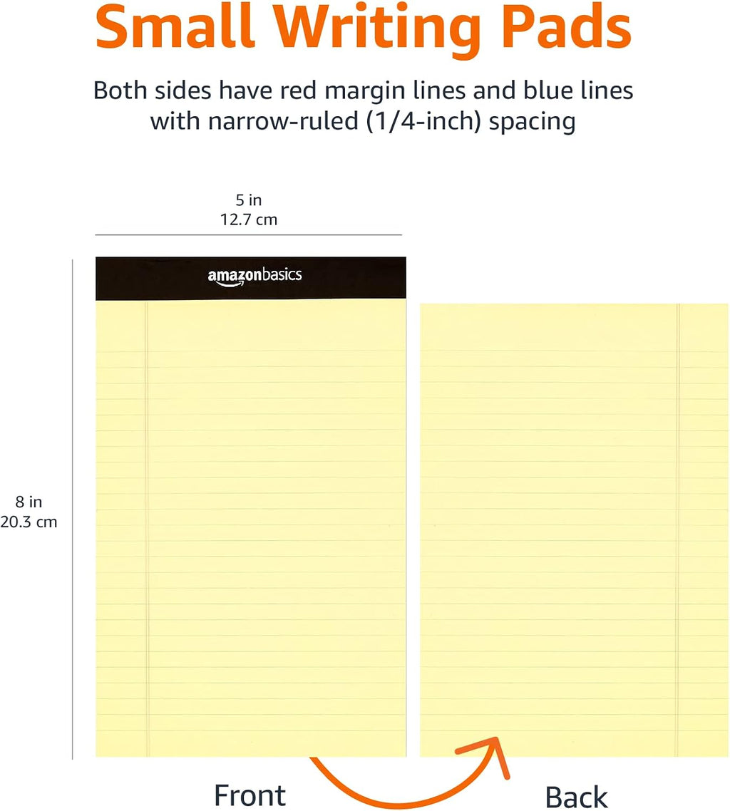 Basics Narrow Ruled Lined Writing Note Pad for School, 5 inch x 8 inch, Canary, 12 Count (12 Pack of 50)