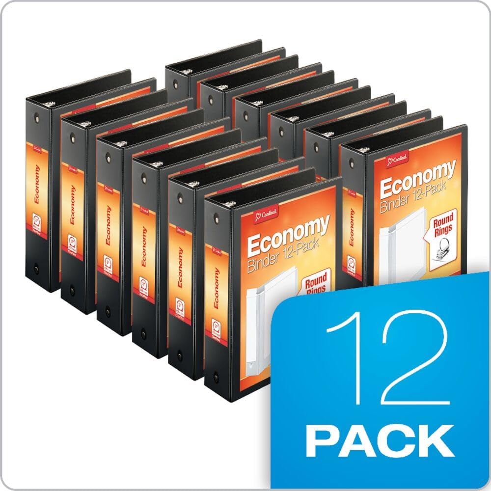 Economy 3-Ring Binders, 3", Round Rings, Holds 625 Sheets, ClearVue Presentation View, Non-Stick, Black, Carton of 12 (90650)