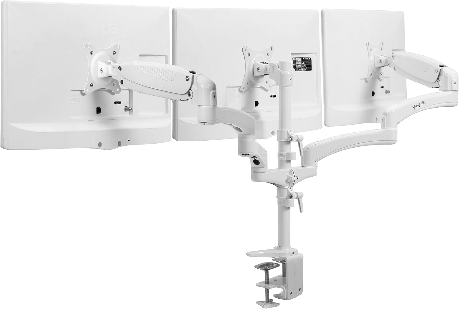 White Triple Monitor Mount, 2 Pneumatic Arms + 1 Fixed, 3 Screens up to 32"