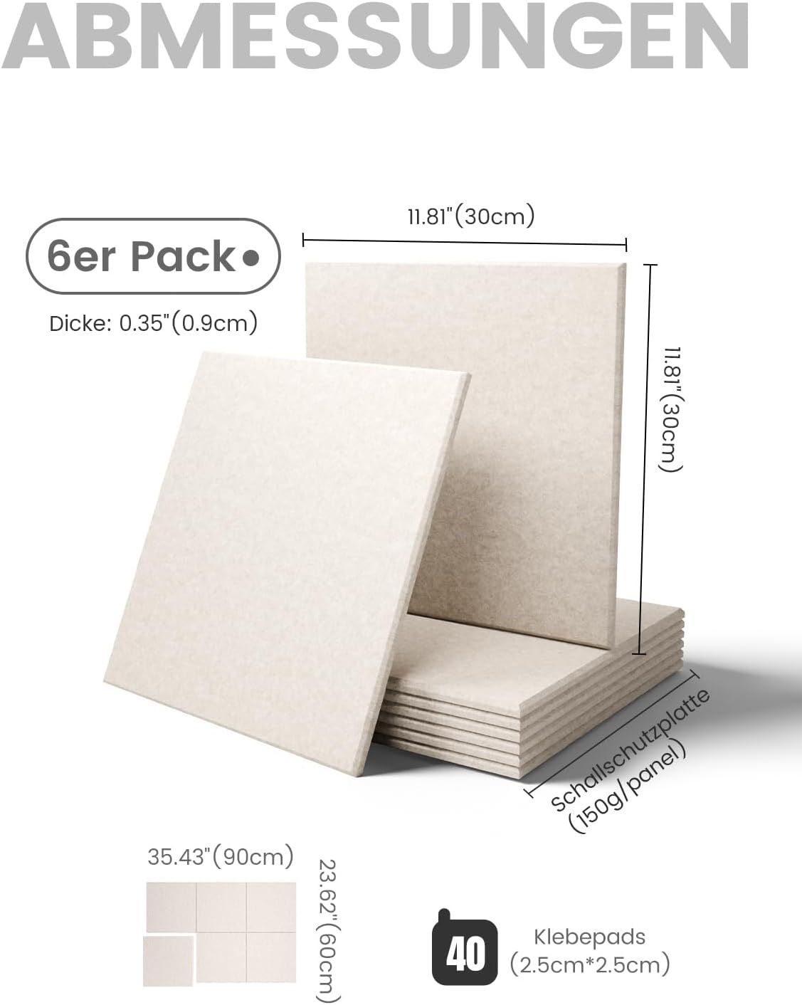 Large Felt Bulletin Board, Cork Board Alternative, Felt Wall Tiles with 30 Push Pins and Adhesive Tabs, Ideal for Office, Home & Classroom Decor, 6-Pack Solid-Oatmeal