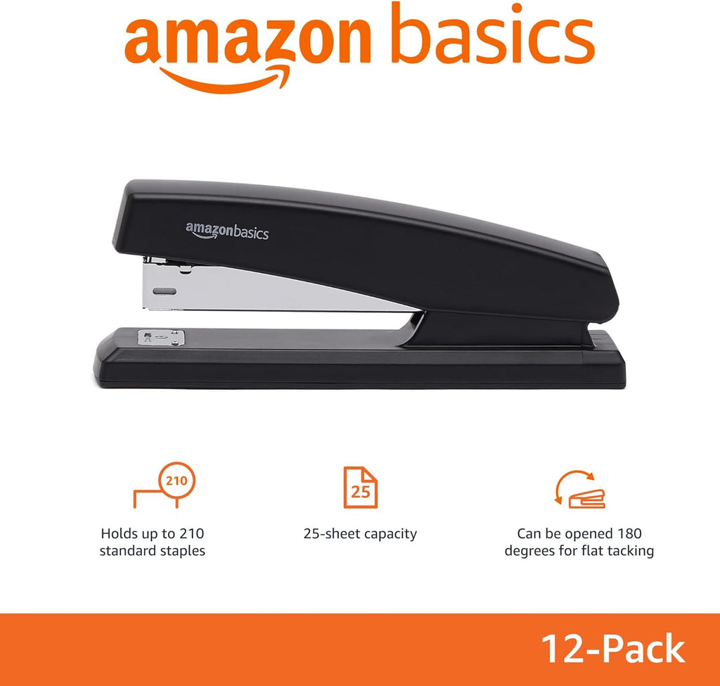 Basics 25-Sheet Capacity, Non-Slip, Office Desk Stapler with 1000 Staples, Black - Pack of 12