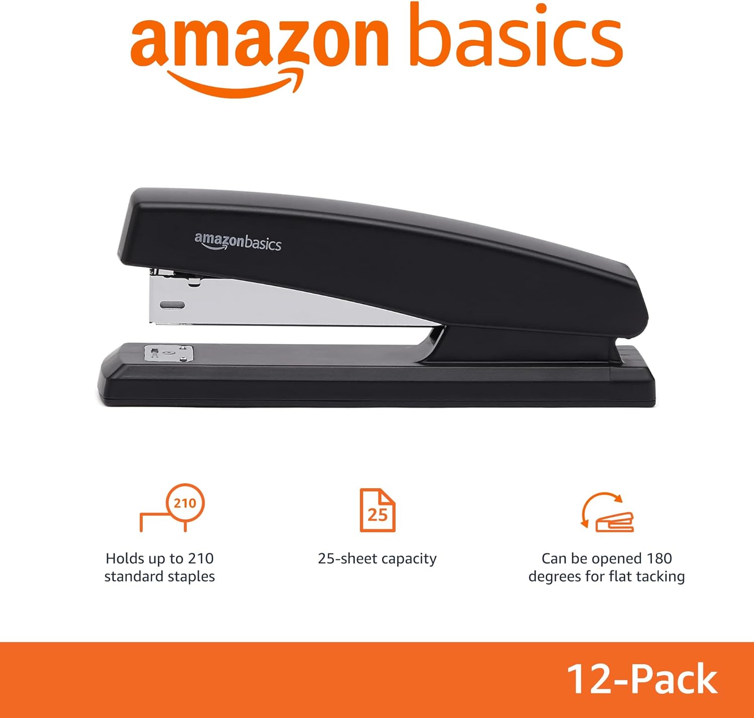 Basics 25-Sheet Capacity, Non-Slip, Office Desk Stapler with 1000 Staples, Black - Pack of 12