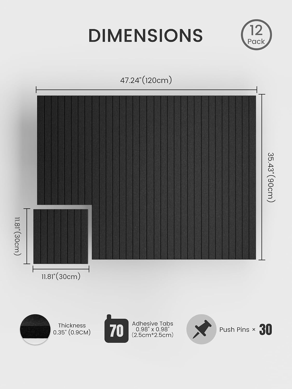 Large Cork Board Alternative - Slat Wall Paneling, Felt Bulletin Board Tiles for Office Decor, Push pin Board Office Wall Organizer -8 Vertical Stripes-12-Pack-Black