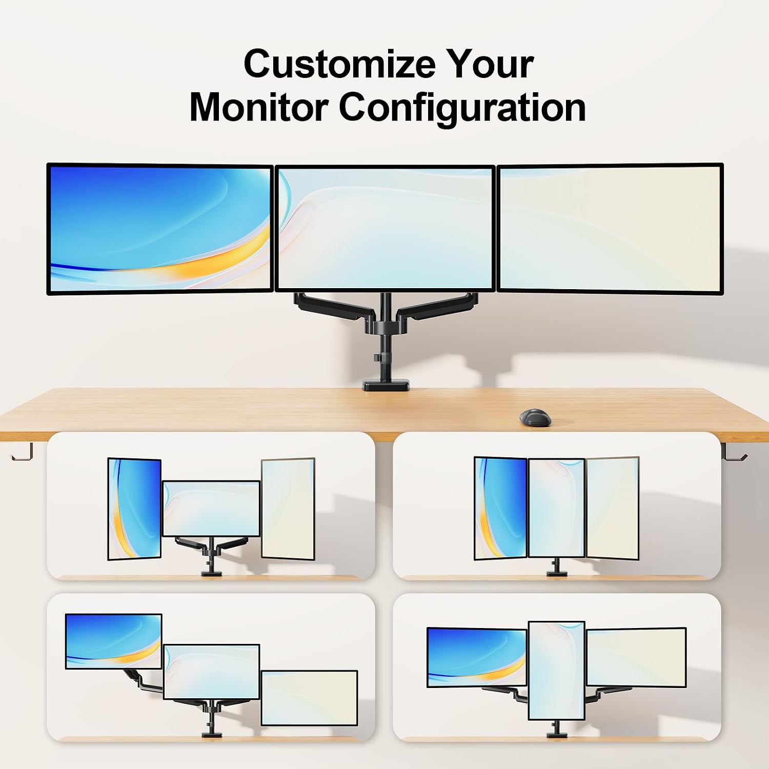 Triple Monitor Mount, 3 Monitor Desk Mount for Three Screens up to 32 Inch, Full Motion Gas Spring Heavy Duty Arm Hold up to 19.8lbs Each, VESA 75x75,100x100, Black