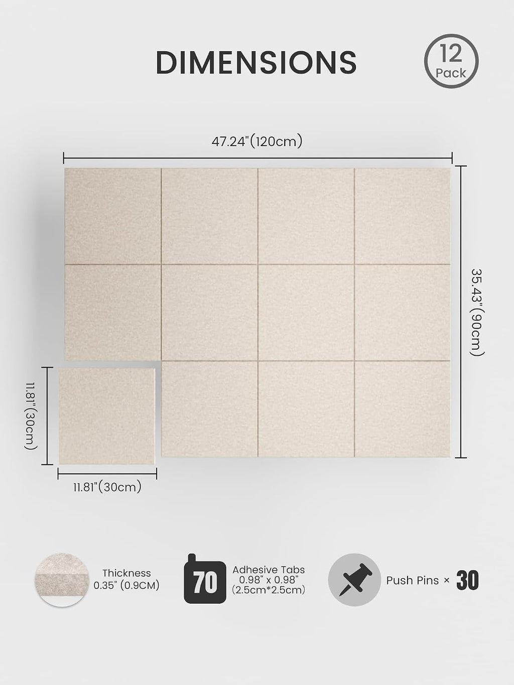 Large Felt Bulletin Board, 48" x 36" Cork Board Alternative, 12-Pack Solid Felt Wall Tiles with 30 Push Pins and 70 Adhesive Tabs, Ideal for Office, Home & Classroom, Oatmeal