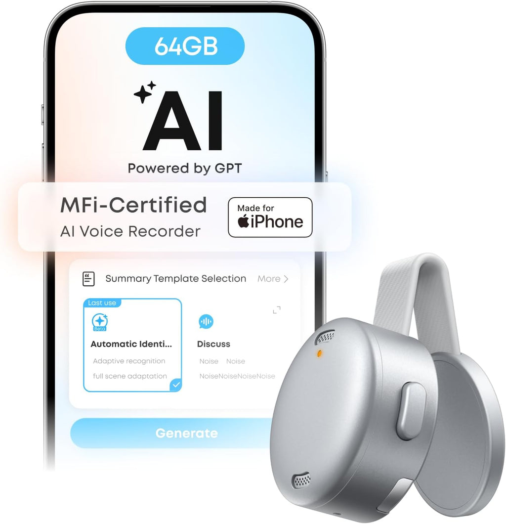 Work AI Voice Recorder by Anker,Wearable Note Taker for Meetings, Transcribe and Summarize (300 Mins/Mo Included, Optional App Upgrades), MFi Certified, 64 GB, 150+ Languages, USB-C Charging