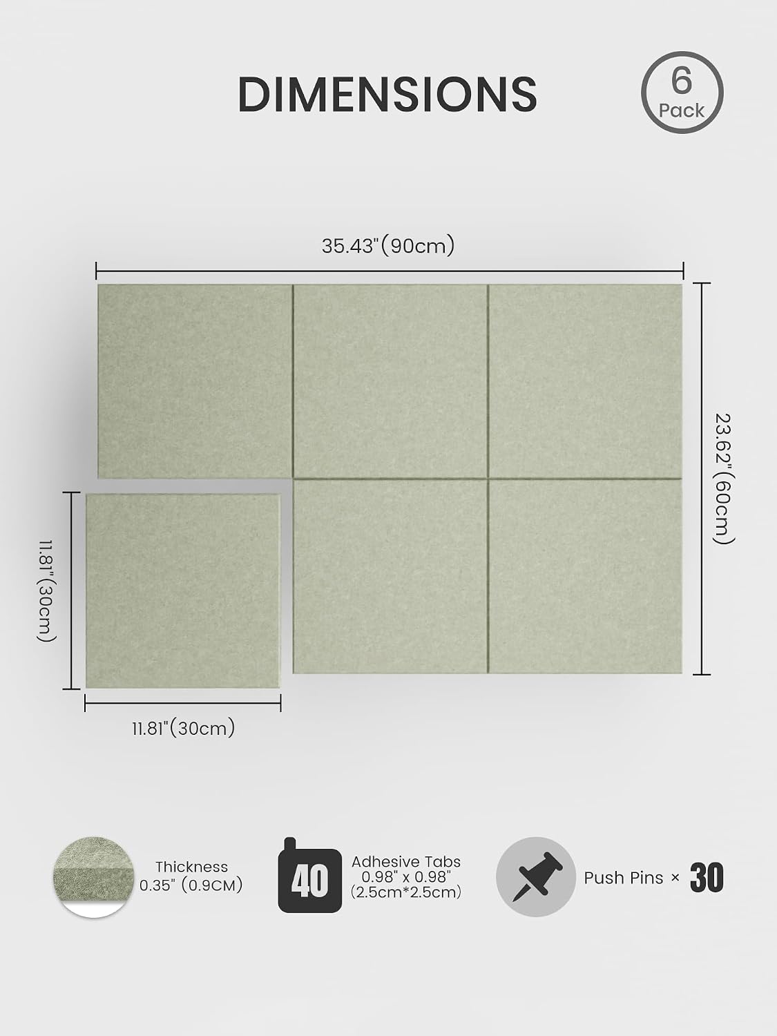 Large Cork Board Alternative - Slat Wall Paneling, Felt Bulletin Board Tiles for Office Decor, Push pin Board Office Wall Organizer -6-Pack-Sage
