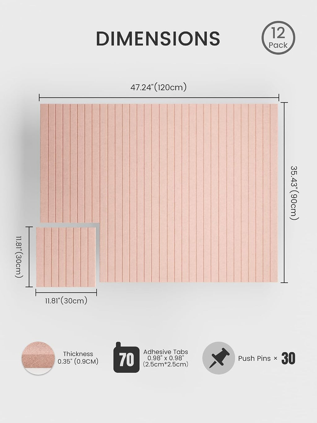 Large Cork Board Alternative - Slat Wall Paneling, Felt Bulletin Board Tiles for Office Decor, Push pin Board Office Wall Organizer -8 Vertical Stripes-12-Pack-Coral