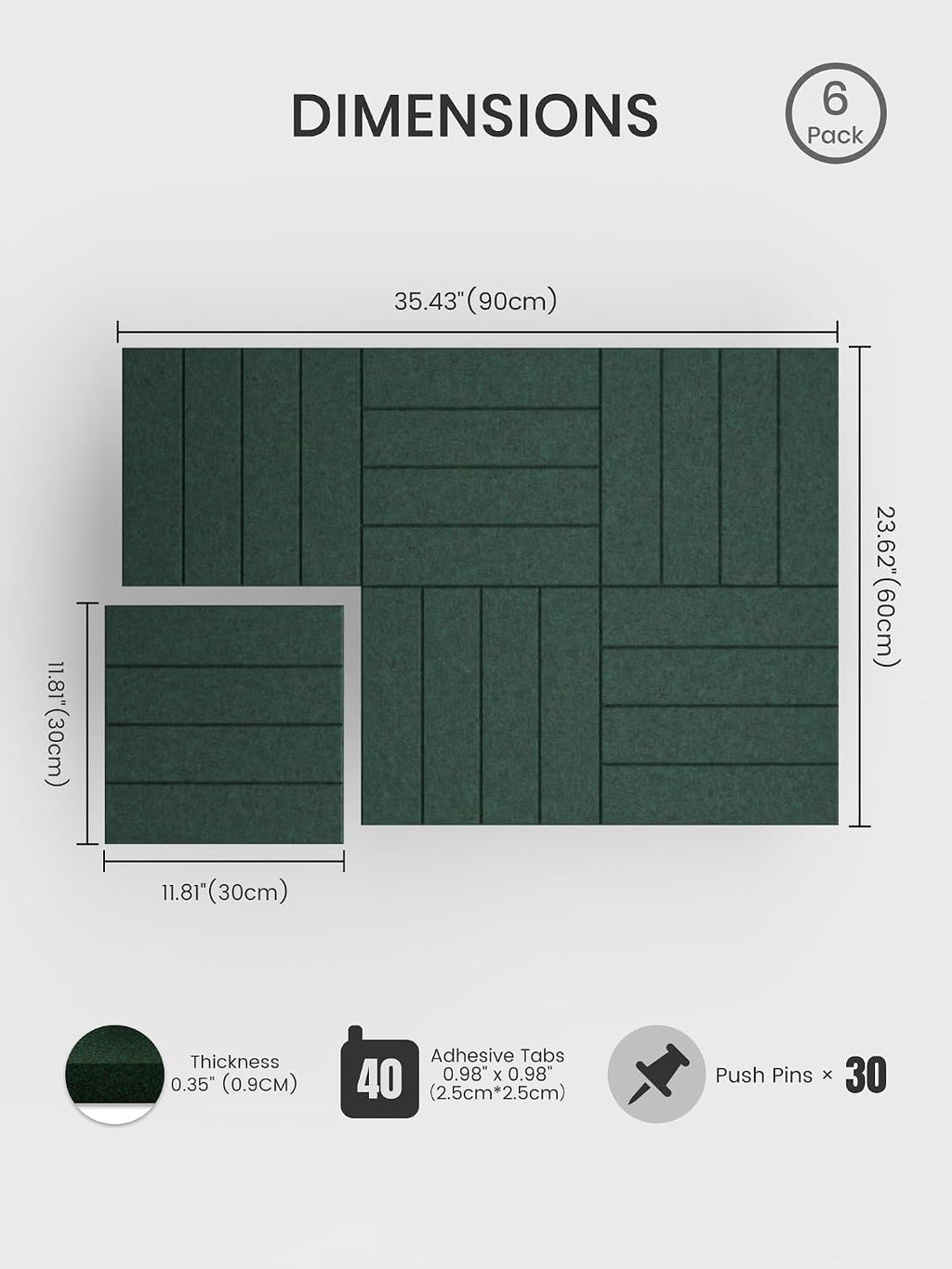 Large Felt Bulletin Board 48" x 36" Cork Board Alternative - 6 Pack with 40 Safe Removable Adhesive Tabs, Cork Boards for Walls Cork Board for Home Office Classroom Pin Board (Aurora Green)