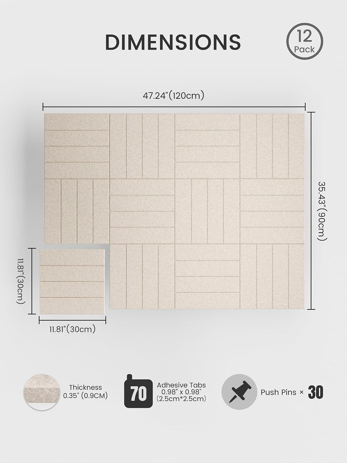 Large Felt Bulletin Board, 48" x 36" Cork Board Alternative, 12-Pack Bold Stripe Felt Wall Tiles with 30 Push Pins and 70 Adhesive Tabs, Ideal for Office, Home & Classroom, Oatmeal