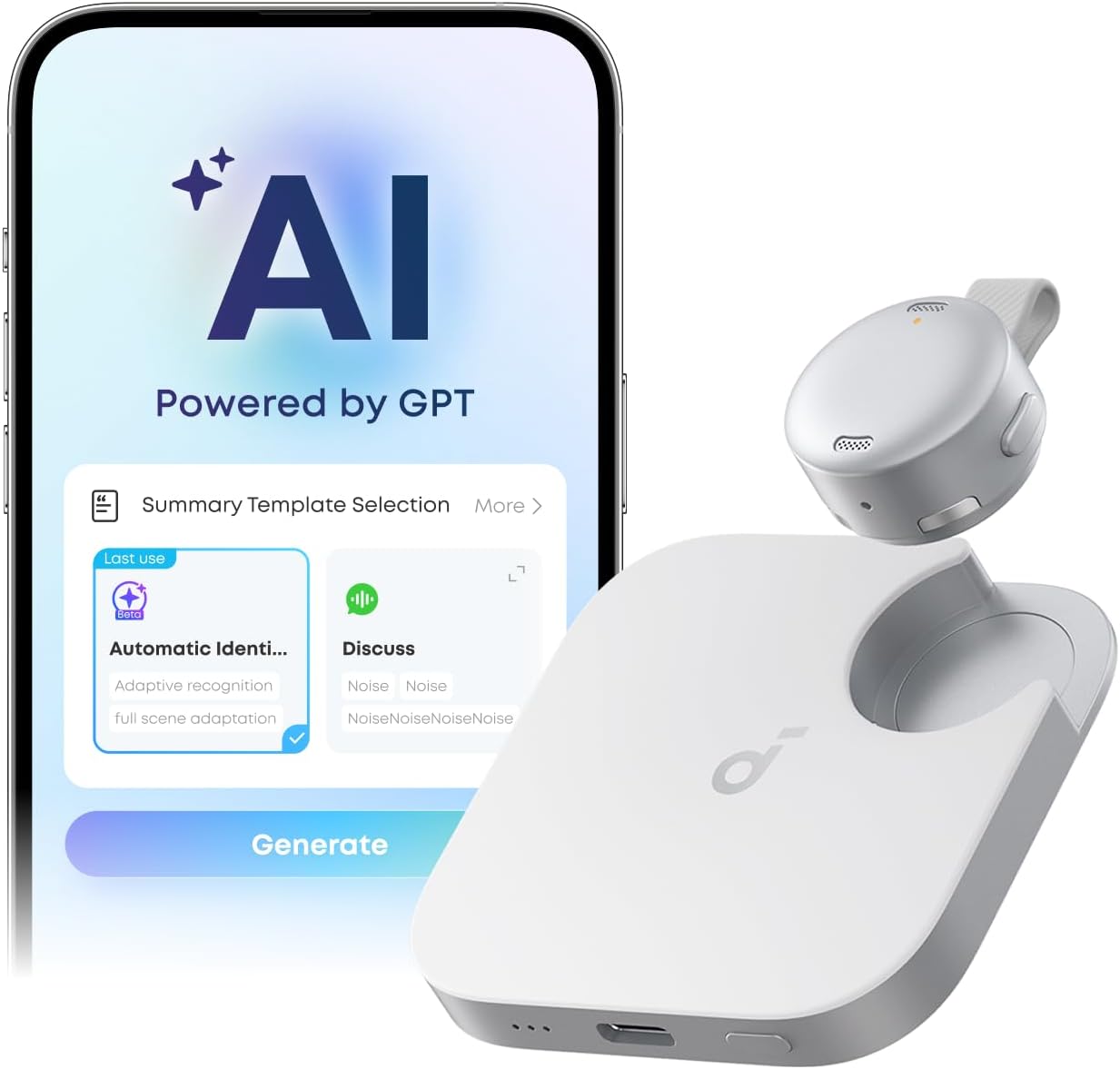 Work by Anker, Portable Al Voice Recorder, AI Note Taker, AI Transcription & Summarization, Cross-Meeting Summary, Double-Tap to Mark, MFi Certified, Privacy Protection