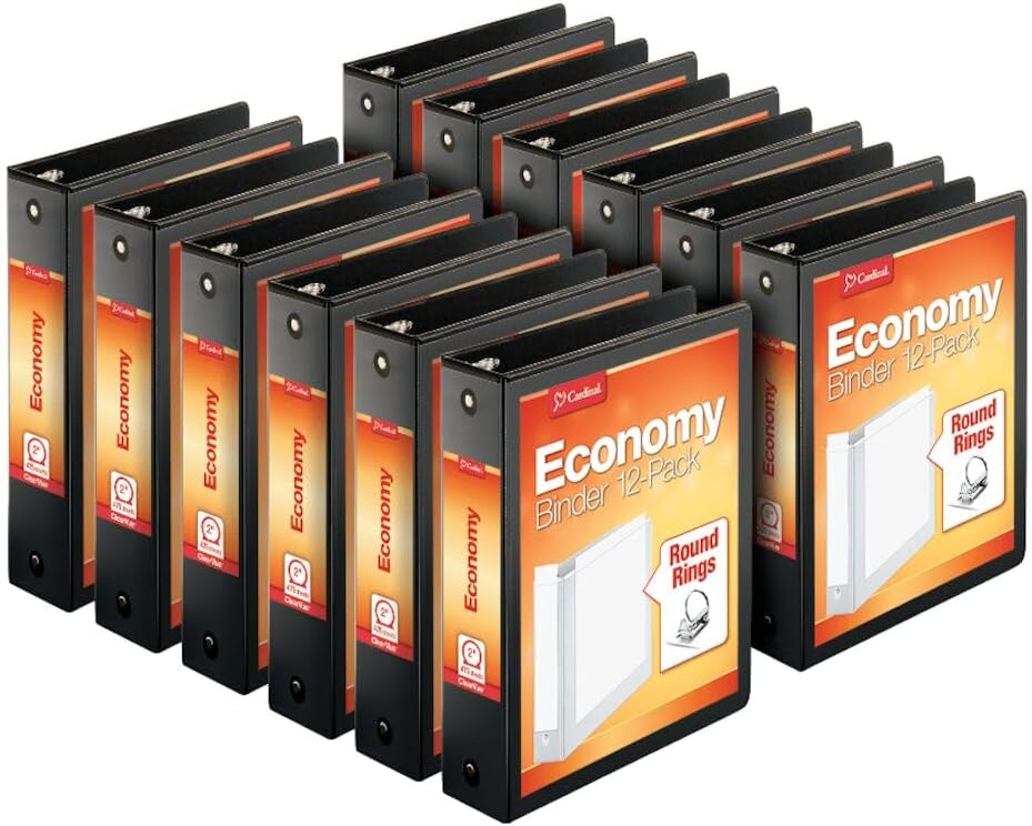 Economy 3-Ring Binders, 2", Round Rings, Holds 475 Sheets, ClearVue Presentation View, Non-Stick, Black, Carton of 12 (90640)