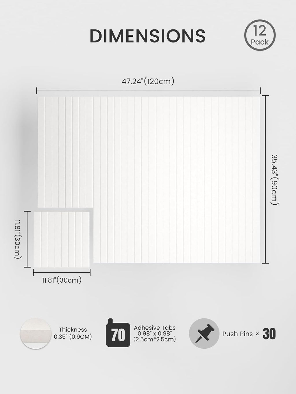 Large Cork Board Alternative - Slat Wall Paneling, Felt Bulletin Board Tiles for Office Decor, Push pin Board Office Wall Organizer -8 Vertical Stripes-12-Pack-Milky White