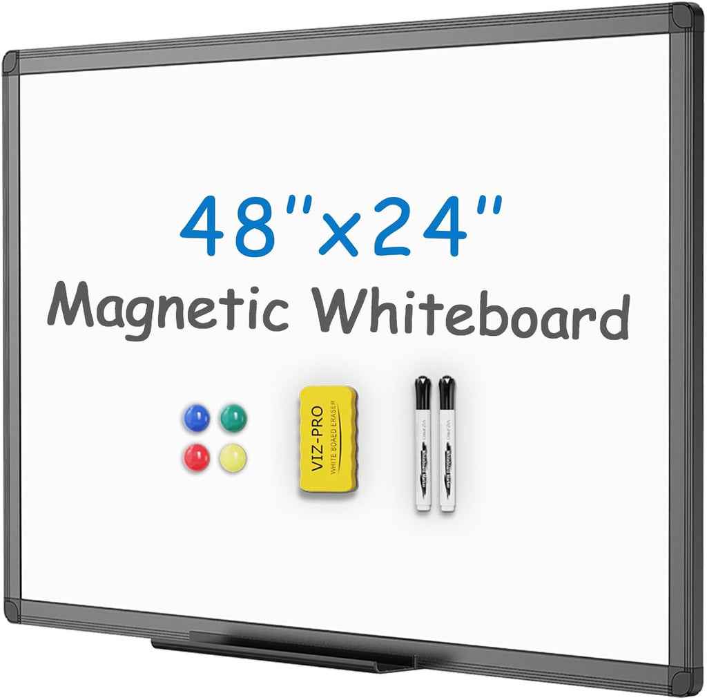 Magnetic Whiteboard/Dry Erase Board with Black Aluminium Frame, 48 X 24 Inches, Includes 1 Eraser & 2 Markers & 4 Magnets | Includes 1 Eraser, 2 Markers & 4 Magnets, Wall Mounted Whiteboard for School Office and Home