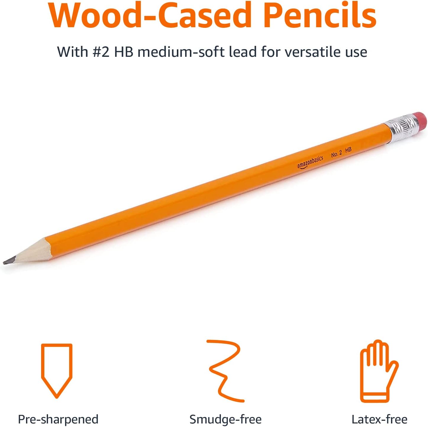 Basics Woodcased Classroom #2 Pencils with Erasers, Pre-sharpened, HB Lead, Value Pack of 30 count, Orange