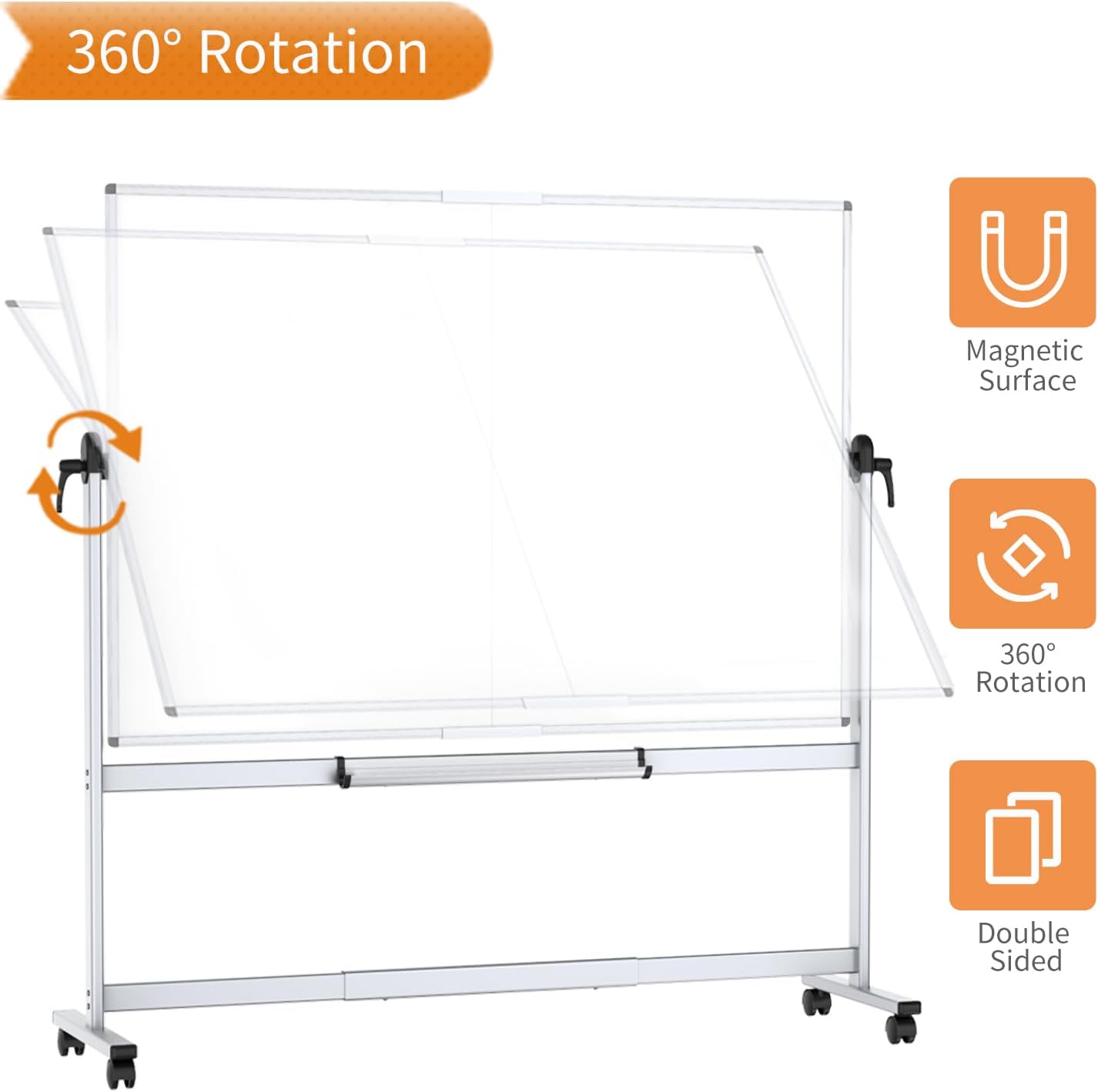 Double-Sided Mobile Whiteboard, 60 x 48 Inches, Magnetic Rolling Dry Erase White Board on Wheels with Aluminium Frame and Stand