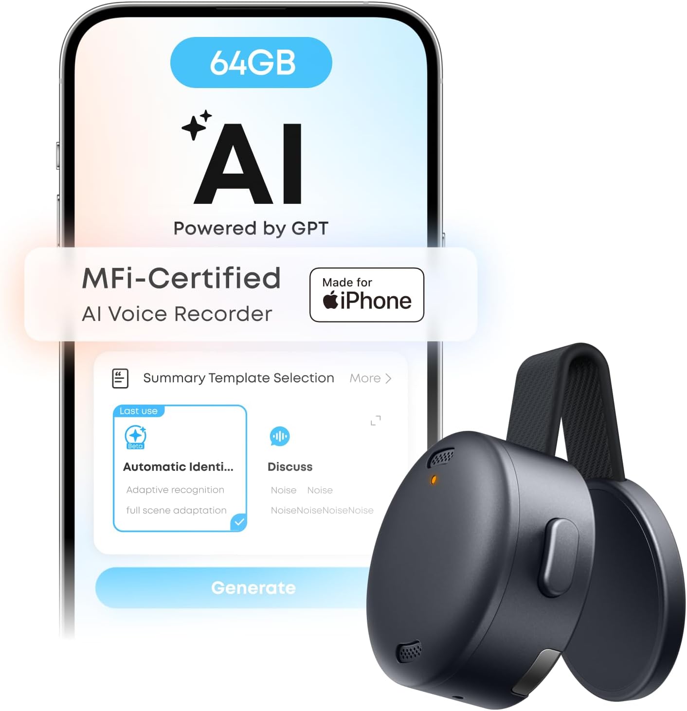 Work AI Voice Recorder by Anker,Wearable Note Taker for Meetings, Transcribe and Summarize (300 Mins/Mo Included, Optional App Upgrades), MFi Certified, 64 GB, 150+ Languages, USB-C Charging