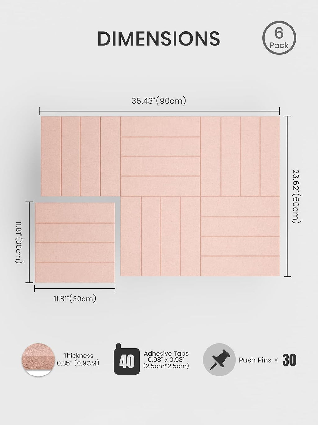 Large Felt Bulletin Board, Cork Board Alternative, Felt Wall Tiles with 30 Push Pins and Adhesive Tabs, Ideal for Office, Home & Classroom Decor, 6-Pack Bold Stripe-Pink