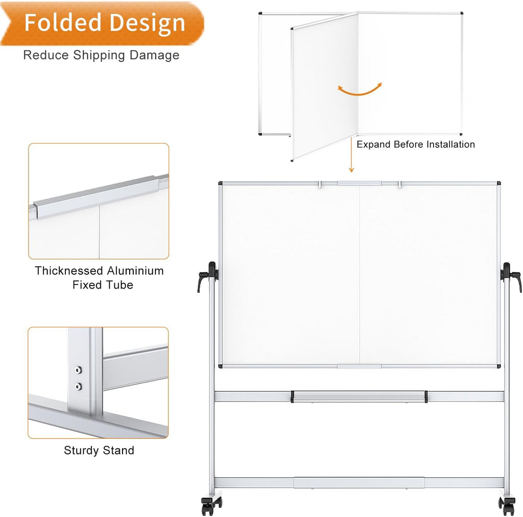 Double-Sided Mobile Whiteboard, 60 x 48 Inches, Magnetic Rolling Dry Erase White Board on Wheels with Aluminium Frame and Stand