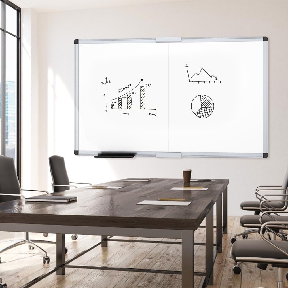 Magnetic Dry Erase Board/Foldable Whiteboard, 60 X 48 Inches | Silver Aluminum Frame, Wall-Mounted Board with Marker Tray for School Office and Home 5' X 4'
