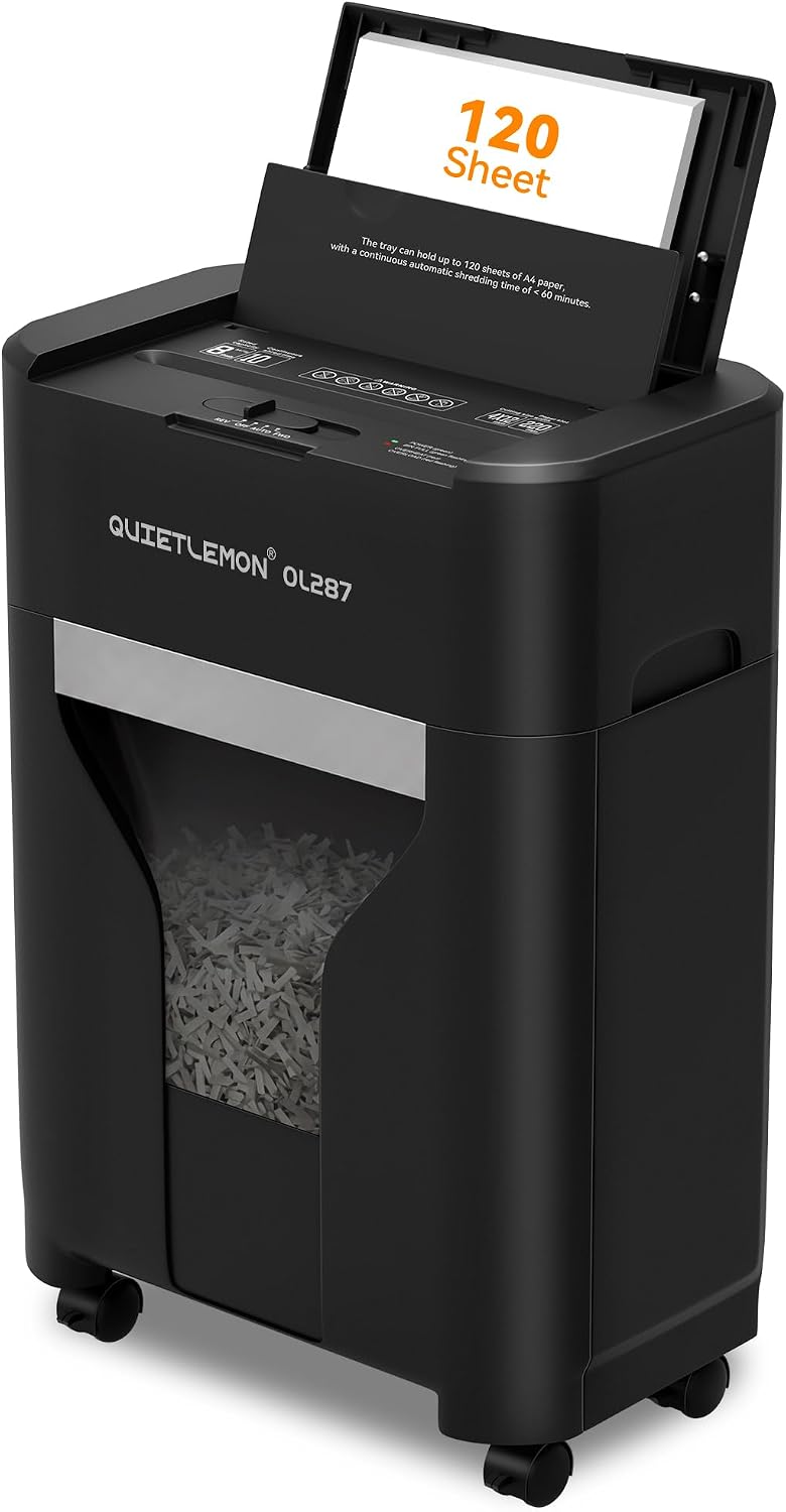 120-Sheet Auto Feed Paper Shredder, 40 Min Non-Stop, Shredders for Home Office Heavy Duty, P-4 Ultra Security Shredder for Home Office, Cross-Cut with Wheels, 5.28 Gal Bin, <63 dB (OL287)