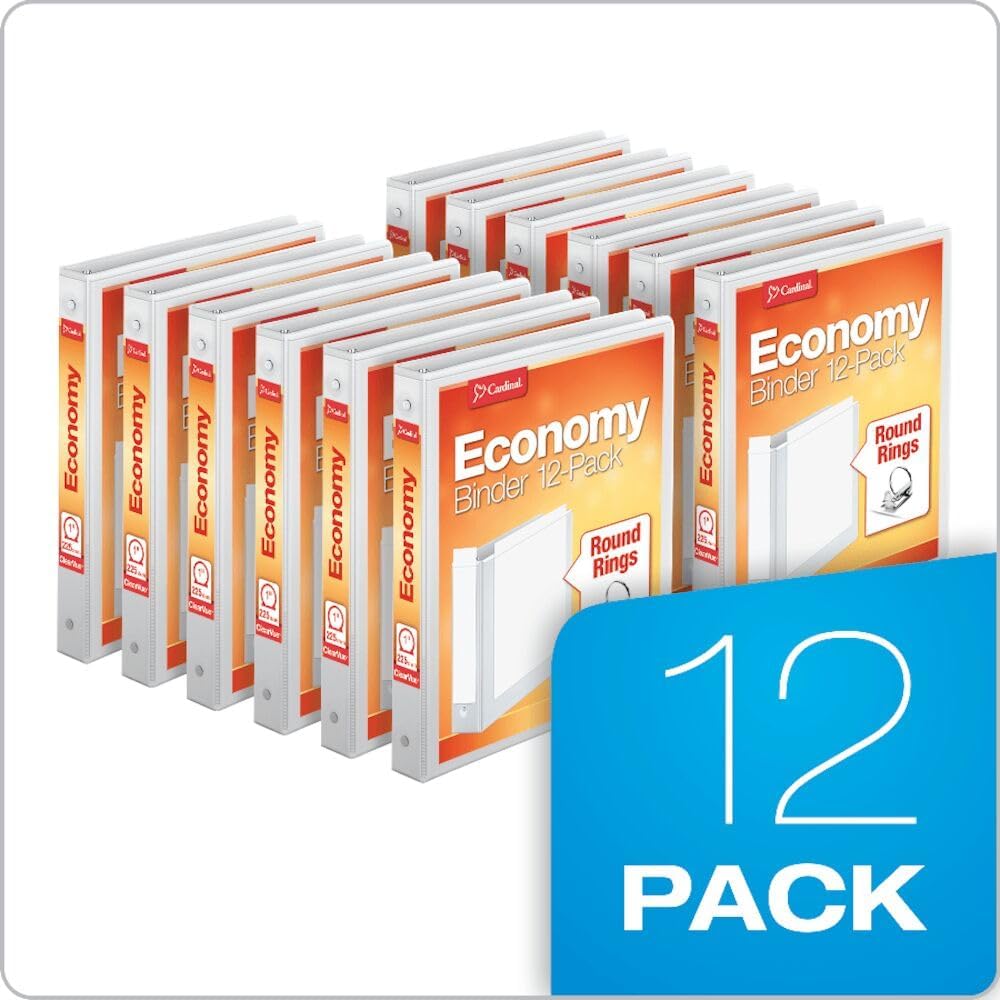 Binders 3 Ring, 1 Inch Round Ring, ClearVue Custom Cover, White, Holds 225 Sheets, Non-Stick PVC-Free, Recycled Board, Case of 12 for Office or School Organization