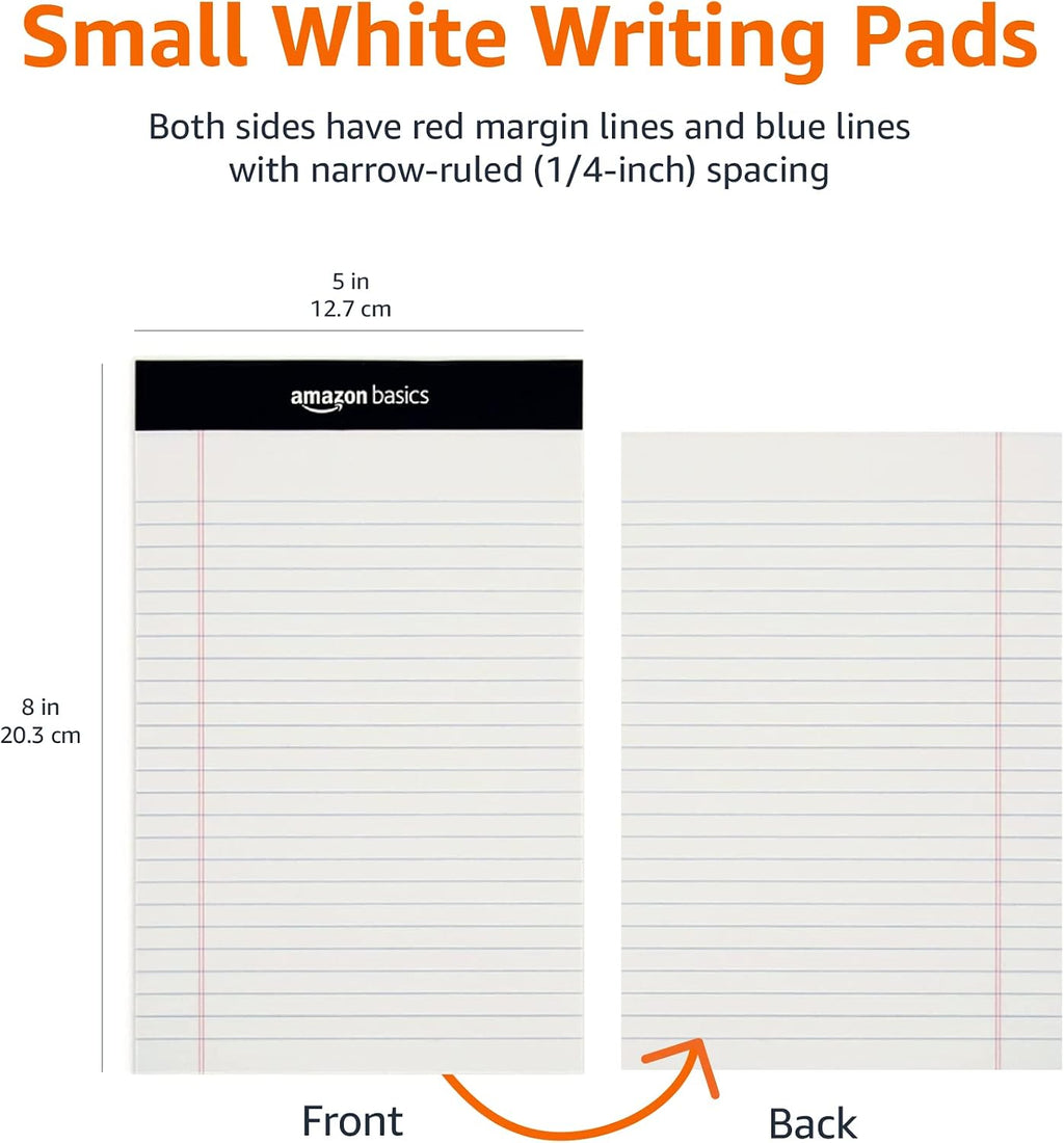 Basics Narrow Ruled Lined Writing Note Pad, 5 inch x 8 inch, White, 12 Count (12 Pack of 50 pages)