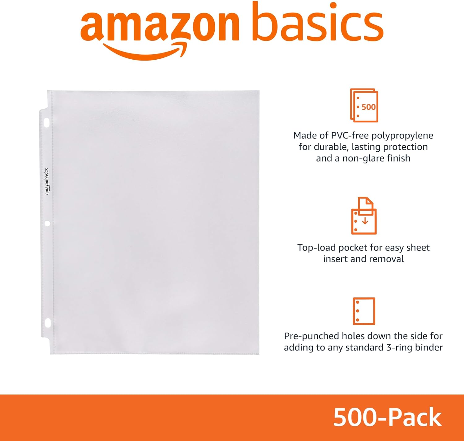 Basics Non-Glare Sheet Protector for Documents, with Pre-Punched Holes, 500 Count, 21.59 x 27.94 cm, Clear
