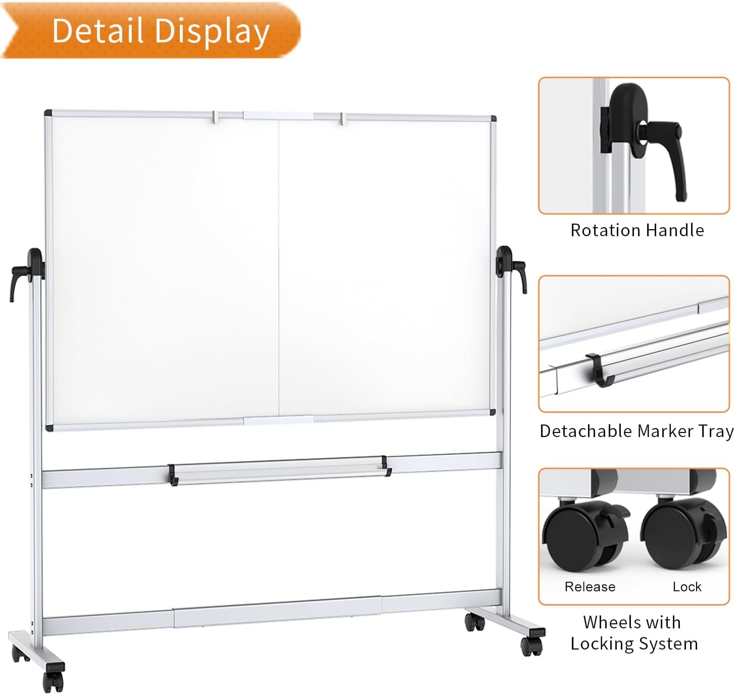 Double-Sided Mobile Whiteboard, 60 x 48 Inches, Magnetic Rolling Dry Erase White Board on Wheels with Aluminium Frame and Stand