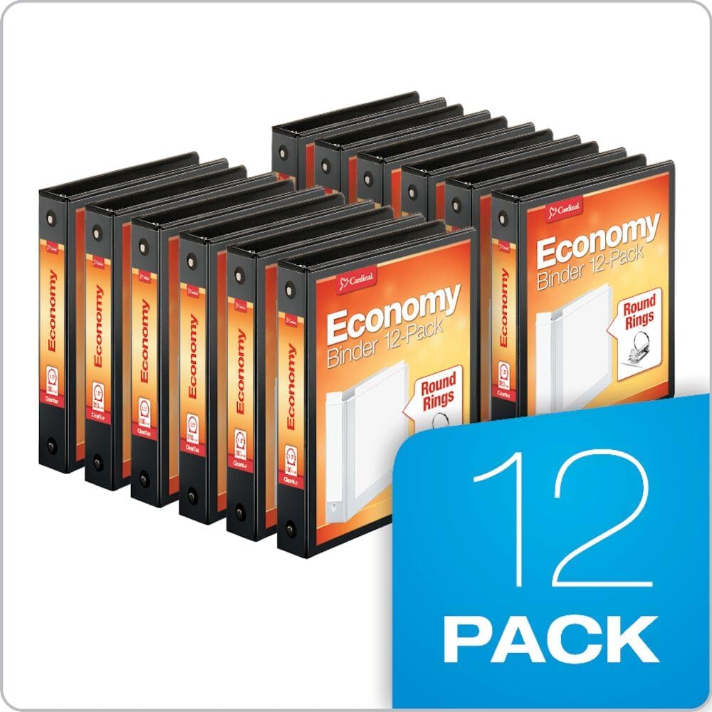 Economy 3-Ring Binders, 1.5", Round Rings, Holds 350 Sheets, ClearVue Presentation View, Non-Stick, Black, Carton of 12 (90630)