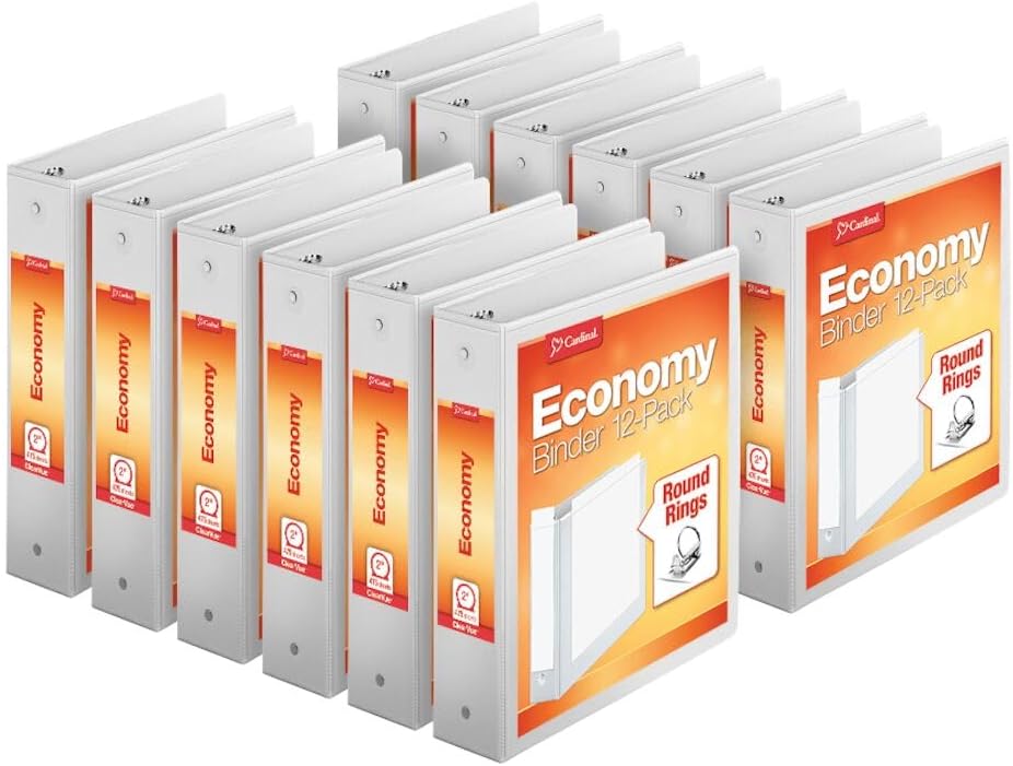 Economy 3-Ring Binders, 2", Round Rings, Holds 475 Sheets, ClearVue Presentation View, Non-Stick, White, Carton of 12 (90641)
