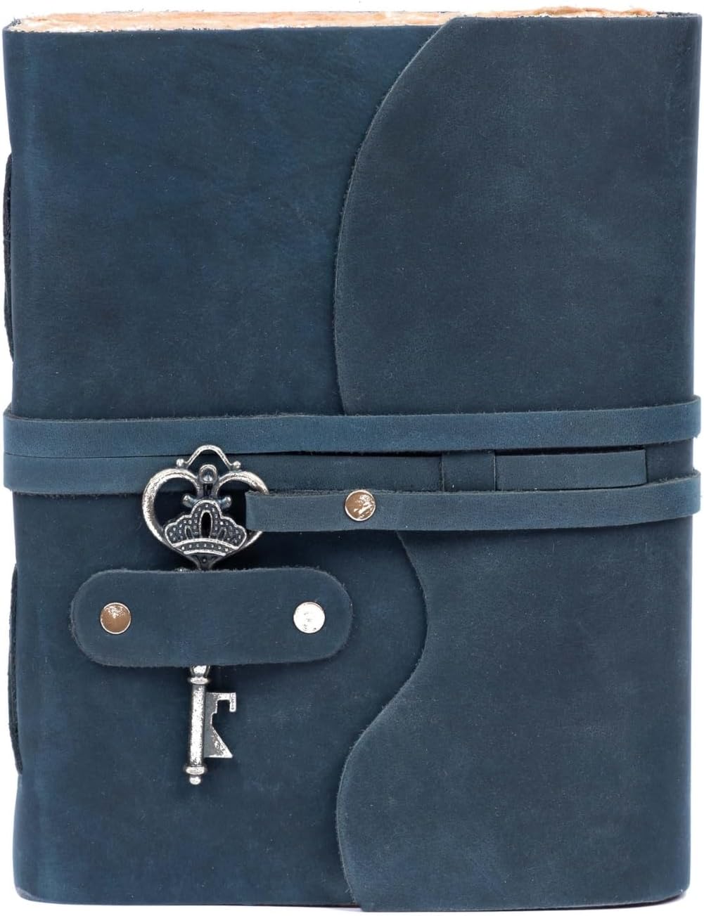 Vintage Leather Journal – 200 Handmade Watercolor Vintage Deckle Edge Paper – Leather bound Journal For Women Men – Key Lock Closure - Book of Shadows - Blue - 13X8 inches